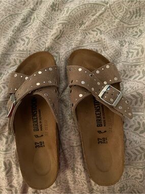 Birkenstock Taupe Suede Studded Slide Sandals